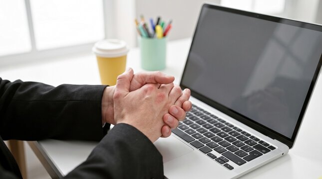 Person rubbing hands at laptop in office with person black suit rubs hands together desk laptop interlaced workplace container computer business