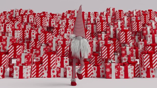 Seamless loop of cute Scandinavian Christmas gnome walking against wall of wrapped gift boxes. Festive holiday season 3D character animation of Santa elf with presents in winter celebration background