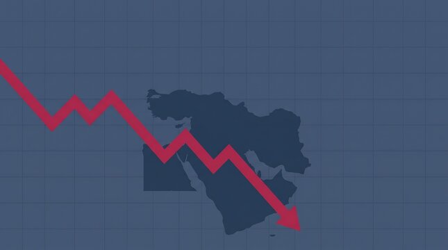 Red downward arrow over Middle East map representing regional economic decline