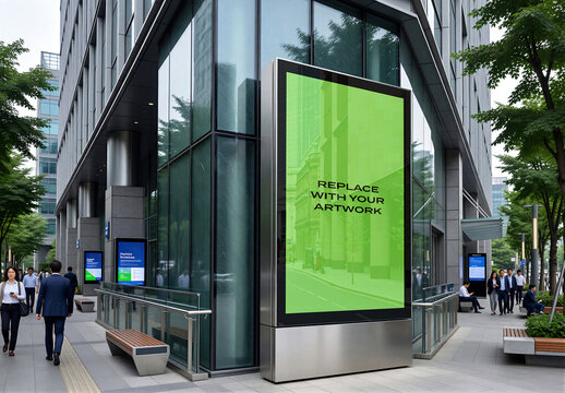Vertical billboard mockup with placeholder screen displayed on a modern urban sidewalk, outdoor advertising presentation in city environment pedestrians, glass building facade