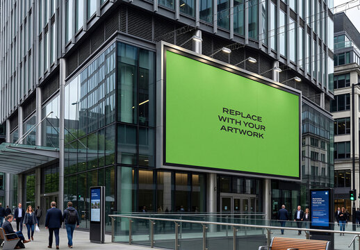 Large vertical billboard mockup mounted on the exterior of a modern glass office building, urban street scene with pedestrians and digital signage, commercial advertising display presentation