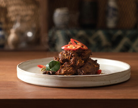 Traditional Indonesian Beef Rendang with Red Chili and Aromatic Spices