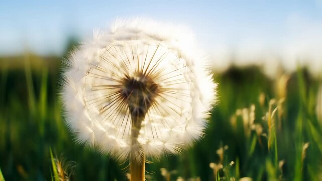 Close-up dandelion seed head backlit by warm sun in grassy meadow with creamy bokeh and negative space for overlay, with dandelion, seedhead, pappus, filament detail