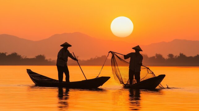 Two fishermen in traditional hats cast nets from boats on a calm river at sunset, with mountains silhouetted in the background.