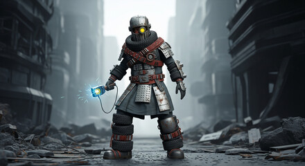Naklejka premium Armored Figure in Post-Apocalyptic Cityscape Holding Glowing Device.