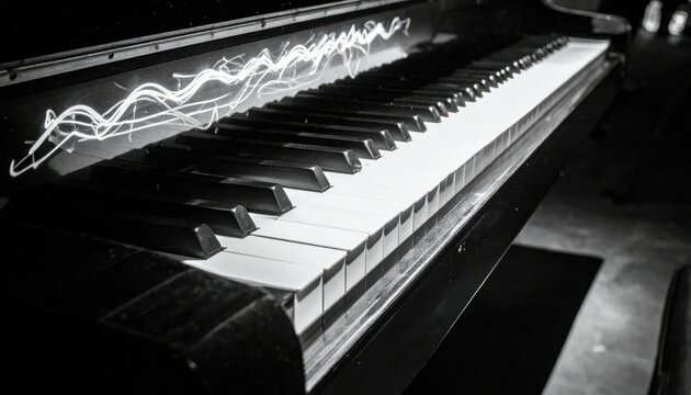 Monochrome piano keys with light motion trails.