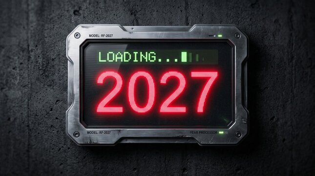 A high tech futuristic digital display prominently features the year two thousand twenty seven with a loading screen effect inside a metallic frame