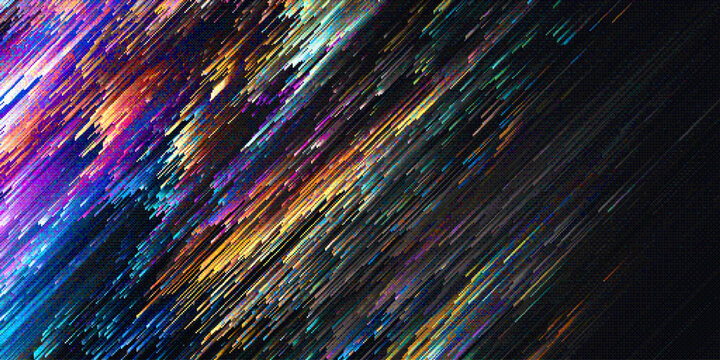 Abstract digital background with vibrant pixel streams and flowing lines. Futuristic pixel sorting gradient lines with dithering effect. Pixel art in 8-bit style for covers, banners, posters. Vector