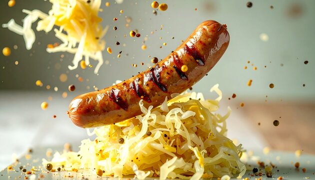Grilled German Sausage Levitating Over Sauerkraut
