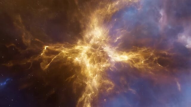 Glowing golden cosmic cloud rushes toward viewer as bright particles and luminous filaments expand across frame, revealing darker blue and violet clouds around radiant center