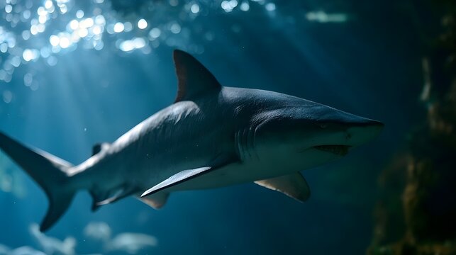 A sleek shark glides gracefully through deep blue ocean waters illuminated by sunbeams piercing the surface above