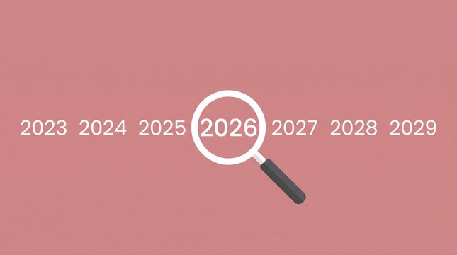 A magnifying glass is carefully focused on the year two thousand twenty six while a blurred series of years represent future planning and detailed analysis