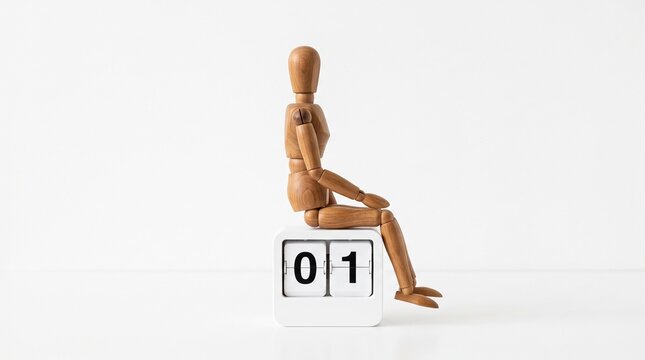 A wooden articulated mannequin is seated comfortably on a calendar block displaying the first of the month symbolizing new beginnings and a fresh start