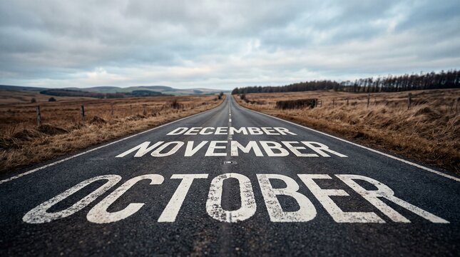 Road leading to the months of october and november painted on asphalt with a blurred landscape background