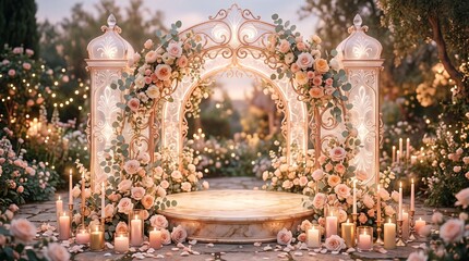 Obraz premium A beautifully styled outdoor wedding ceremony features a luxurious golden archway decorated with delicate flowers and warm ambient lighting within a lush garden