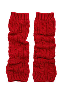Pair of vibrant red knitted leg warmers with intricate cable patterns, neatly arranged on a clean white background