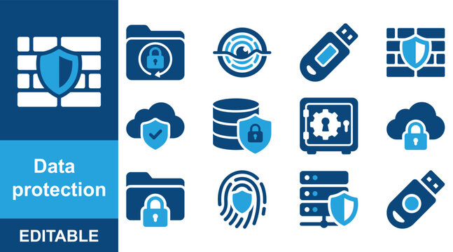 Firewall and Cloud Data Protection Cyber Security Two Color Vector Icon Set