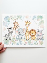 Naklejka premium Cute Watercolor Safari Animals Nursery Art Print with Lion Elephant Giraffe Zebra Monkey and Hippo