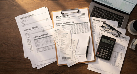 Obraz premium High-resolution professional flat lay stock photo of tax forms, receipts, calculator, and glasses on dark wooden desk.
