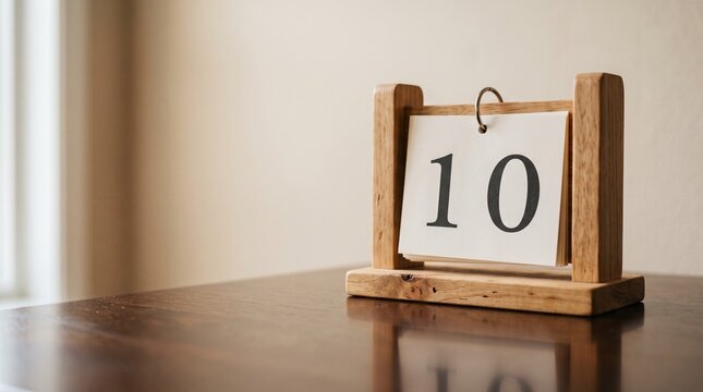 An antique wooden flip calendar is shown displaying the number ten resting on a highly polished wooden table with a soft focus background