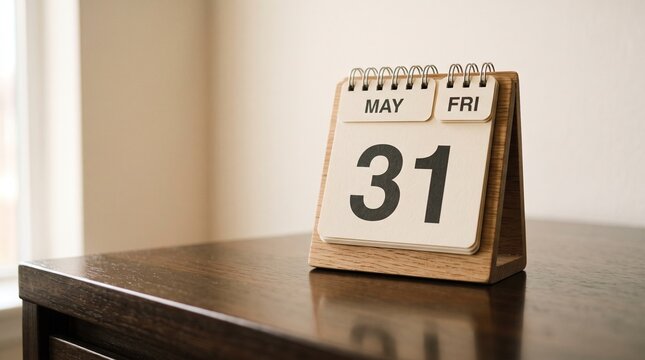 A detailed close up view of a small desk calendar prominently showing the final day of may with a softly focused background