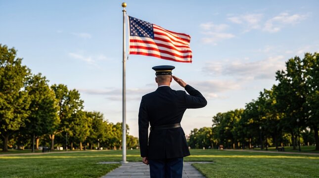 Soldier in dress uniform saluting a flag beside trees and blue sky