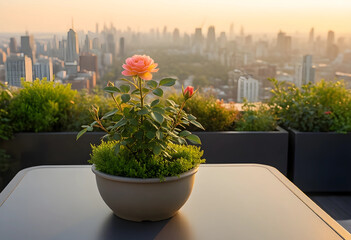 Obraz premium Urban gardening and sustainability, potted rose plant on a rooftop terrace with city skyline background at sunset for wellness and lifestyle concepts