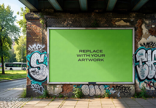 Vertical billboard mockup with placeholder screen mounted on a weathered brick wall under bridge, urban street scene graffiti, sidewalk, trees, and bus, Template
