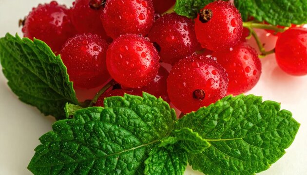 Fresh red currants and green mint leaves on white.