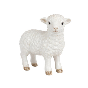 Cute white ceramic lamb figurine with textured wool stands facing forward on a clean white background