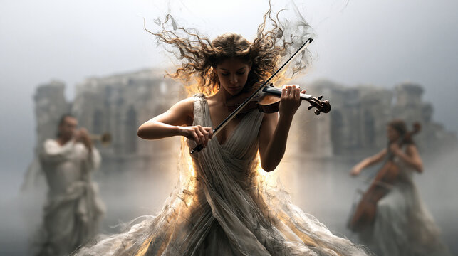 A woman in a flowing dress, delicately playing the violin, is in the center. In the far left, a man is playing the trumpet. In the far right, a woman is playing the cello. Each fig