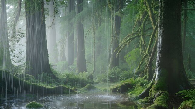 Rainforest mystique: a mystical rainforest with tall, ancient trees, lush moss, and gentle rain falling into a tranquil pool of water. The scene is enveloped in a soft, ethereal mist.