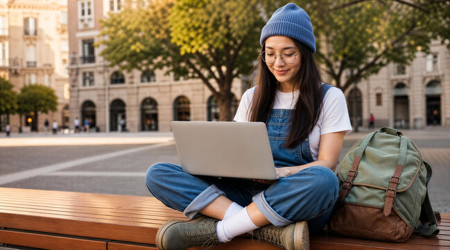 Young Woman Using Laptop Outdoors on City Square Bench