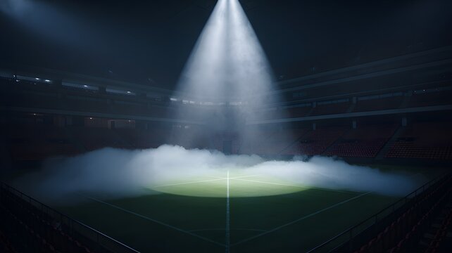Stadium spotlight illuminates a soccer field, with smoke or fog creating an atmospheric effect