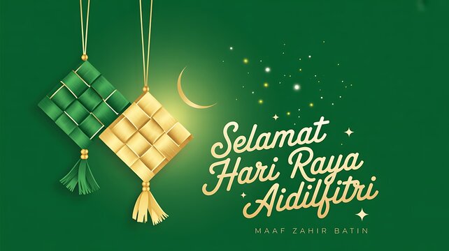 Selamat hari raya aidilfitri greeting with ketupat hanging