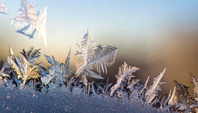 Frost crystals macro pattern on window glass.