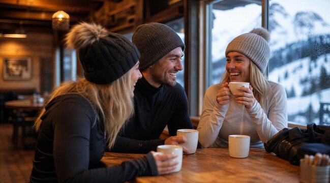 Friends Laughing Over Hot Drinks in Ski Lodge Chalet