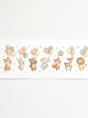 Fototapeta premium Cute Watercolor Baby Animals Floating with Balloons Nursery Wall Art Border Illustration for Kids Room Decor