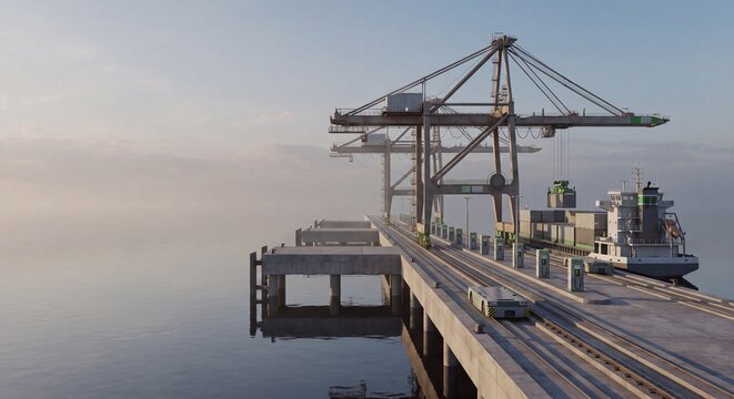 Wide angle of a large cargo ship docked at a port with massive container cranes and railway tracks on a misty morning