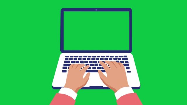Flat Vector Animation of Hands Typing on Laptop Keyboard with Green Screen Background