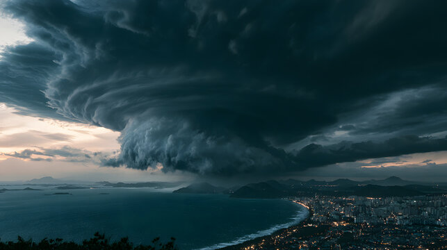 Intensifying Typhoon Threat Over Coastal City at Dusk