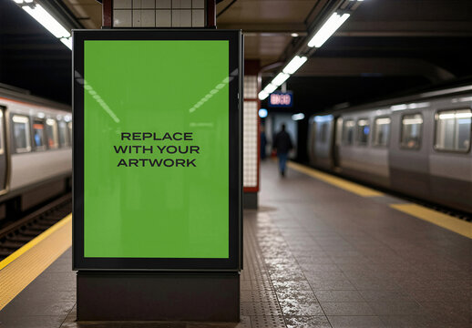 Vertical billboard mockup with placeholder screen displayed on a subway station platform, realistic public transit advertising display train and passenger in background