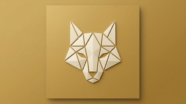 Geometric low poly wolf head symbol on warm golden paper texture
