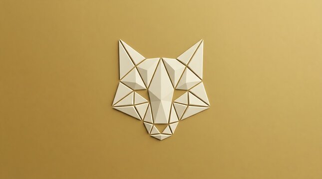 Abstract low poly wolf head paper craft emblem on gold background
