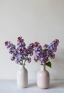Springtime freshness and floral home decor, purple lilac flowers in small ceramic vases on a neutral background for interior design and lifestyle