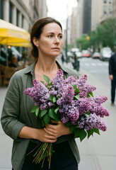 Fototapeta premium Mindfulness and self care, woman holding a bouquet of fresh purple lilacs walking on a city street during a quiet moment of reflection and calm