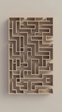 A top-down view of a rectangular wooden maze with multiple paths and dead ends.