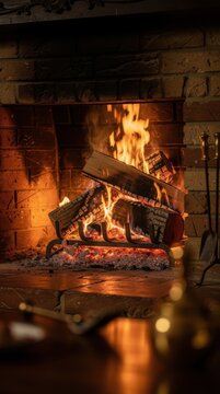 A cozy fireplace with burning logs creating warm, glowing flames inside a rustic brick hearth.