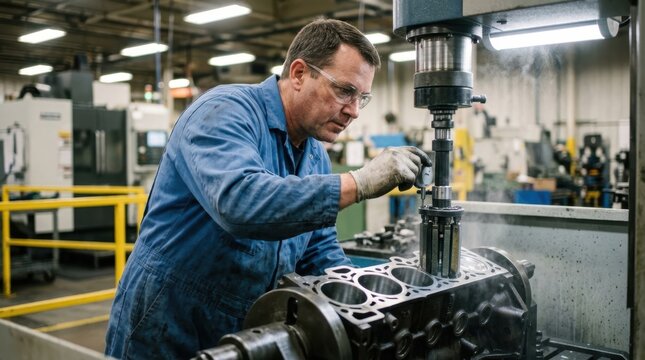 machinist checking automated honing station with clamped cylinder block, coolant mist, carbide tooling, and polished bores