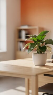 A green potted plant sits on a wooden desk in a minimalist, sunlit office with a blurred bookshelf and warm-toned wall in the background.